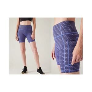 Athleta Ultimate Stash Monogram Purple High Rise 7” Bike Shorts NEW - Size M